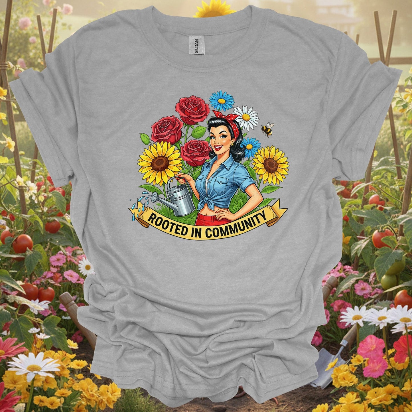 "Rooted in Community" Vintage Pin - Up Gardener T-Shirt - GardeningTshirts