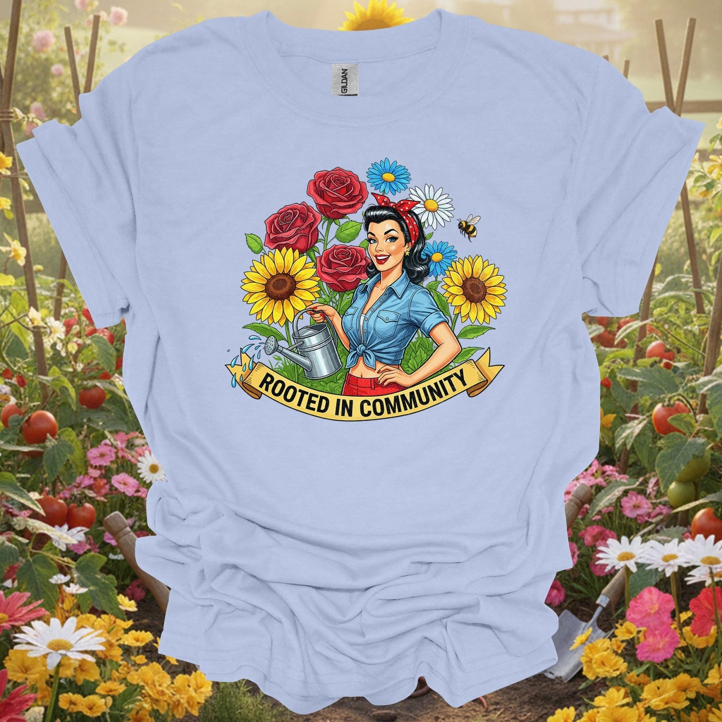 "Rooted in Community" Vintage Pin - Up Gardener T-Shirt - GardeningTshirts