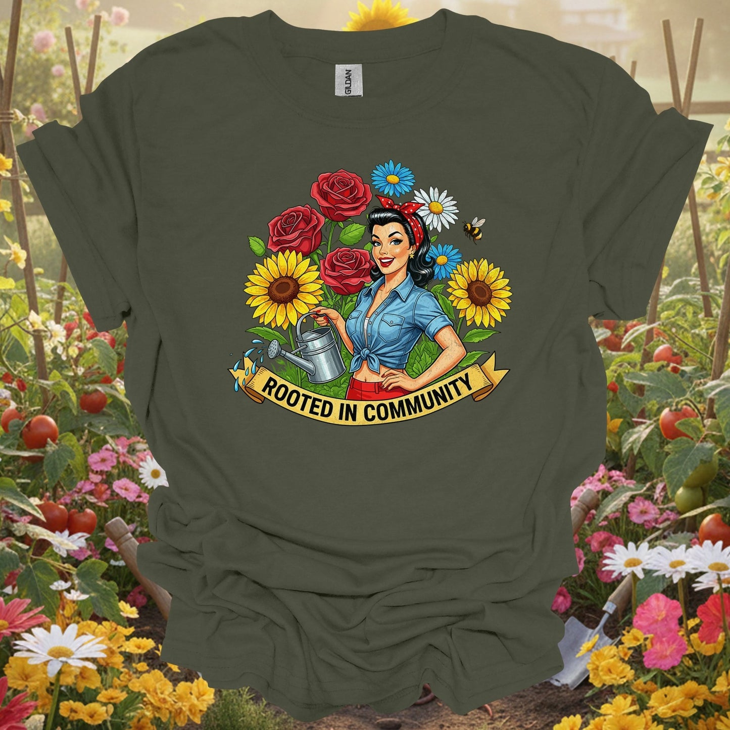 "Rooted in Community" Vintage Pin - Up Gardener T-Shirt - GardeningTshirts