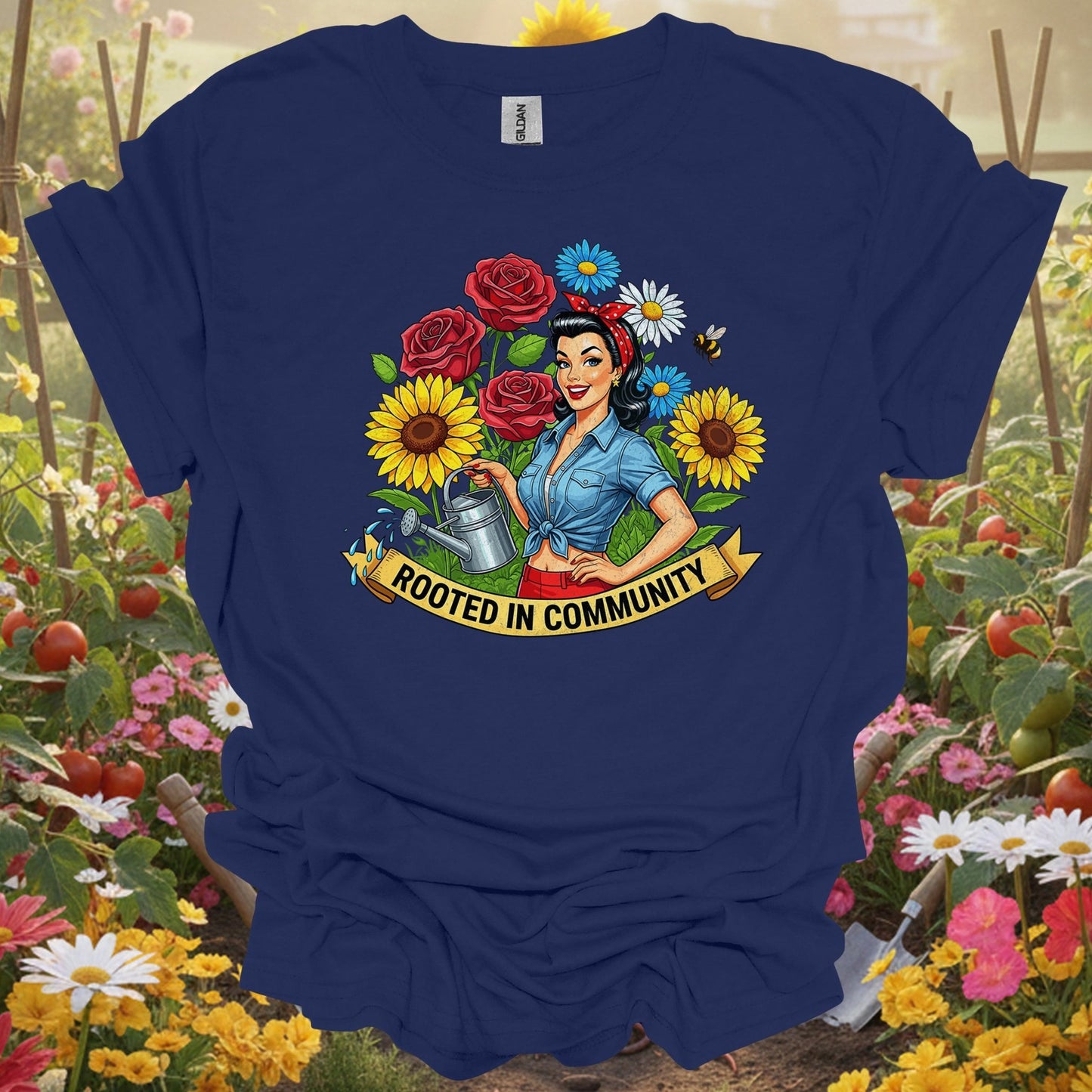 "Rooted in Community" Vintage Pin - Up Gardener T-Shirt - GardeningTshirts