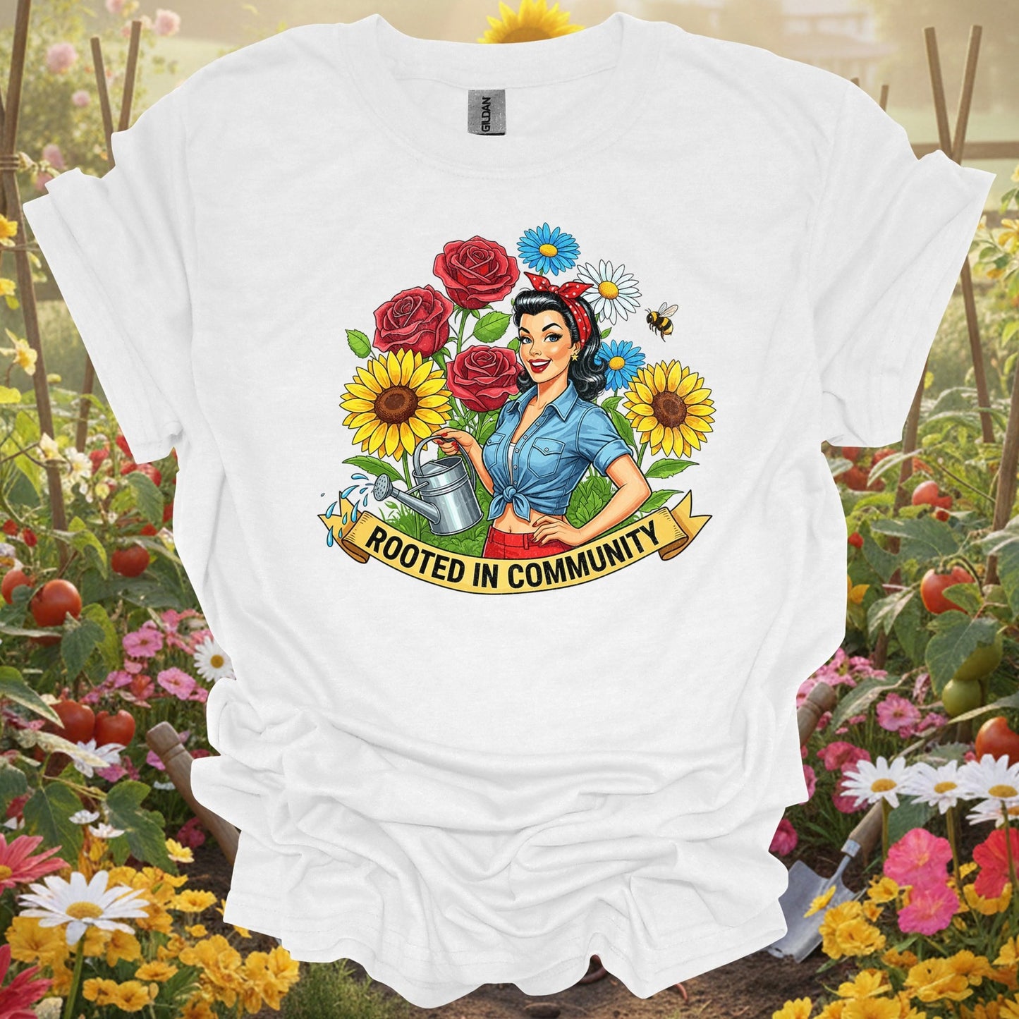 "Rooted in Community" Vintage Pin - Up Gardener T-Shirt - GardeningTshirts
