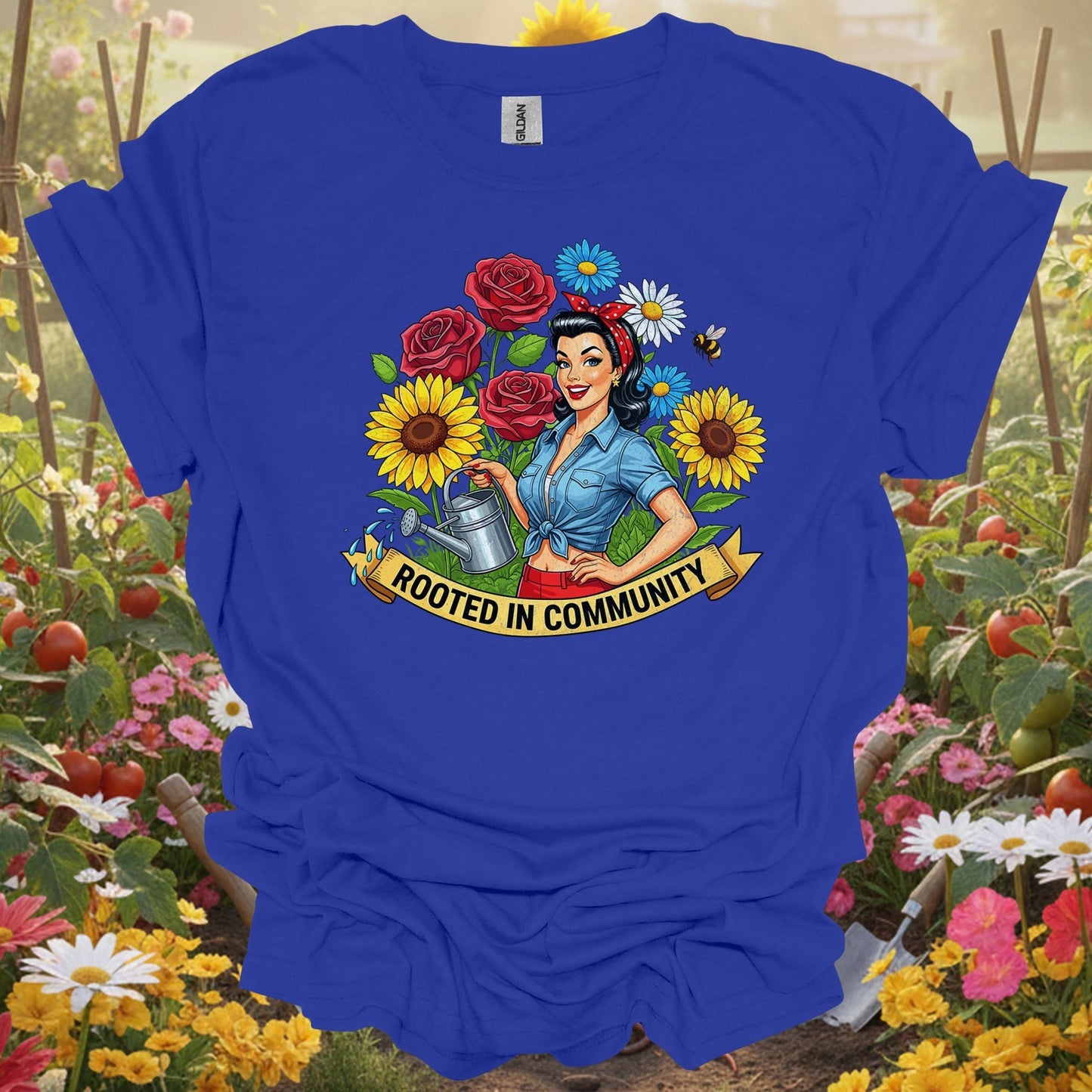"Rooted in Community" Vintage Pin - Up Gardener T-Shirt - GardeningTshirts