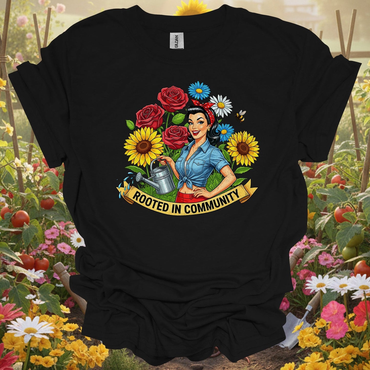 "Rooted in Community" Vintage Pin - Up Gardener T-Shirt - GardeningTshirts