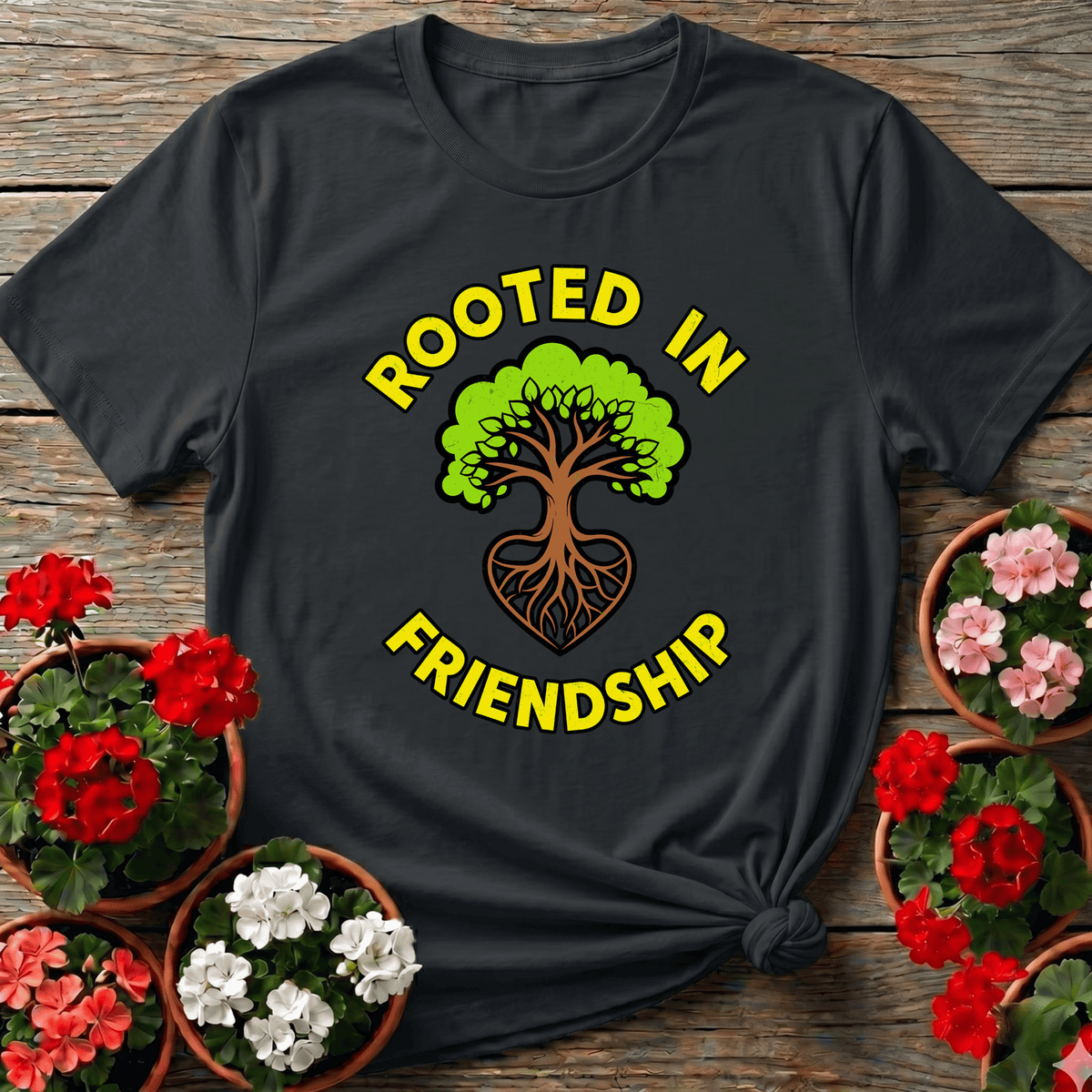 Rooted in Friendship Tree Heart Gardening T-Shirt - GardeningTshirts