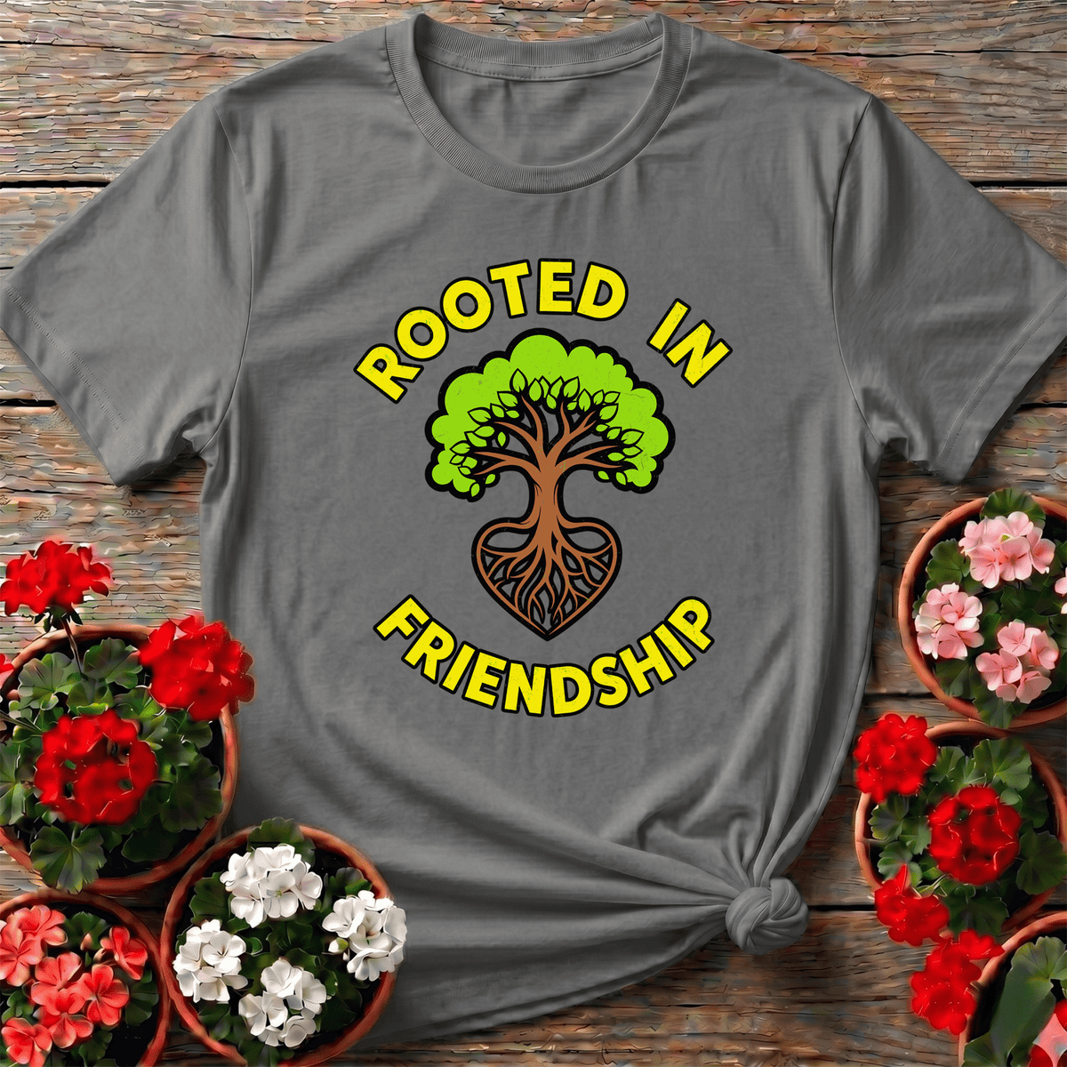 Rooted in Friendship Tree Heart Gardening T-Shirt - GardeningTshirts