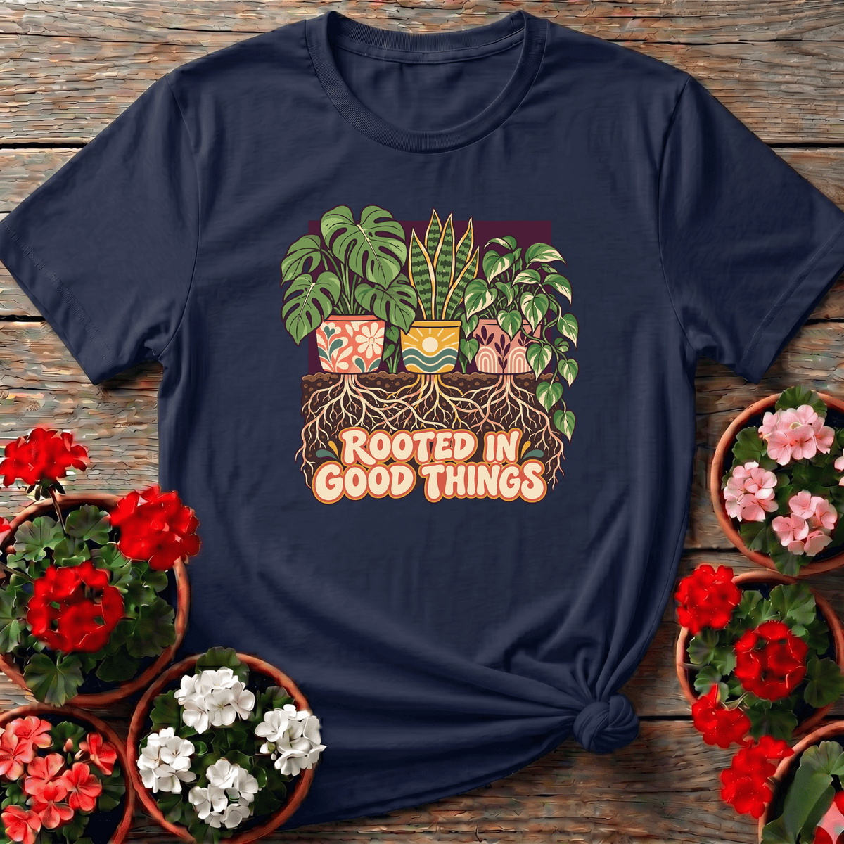 Navy vintage botanical plant collector t-shirt with "Rooted In Good Things" for indoor jungle enthusiasts