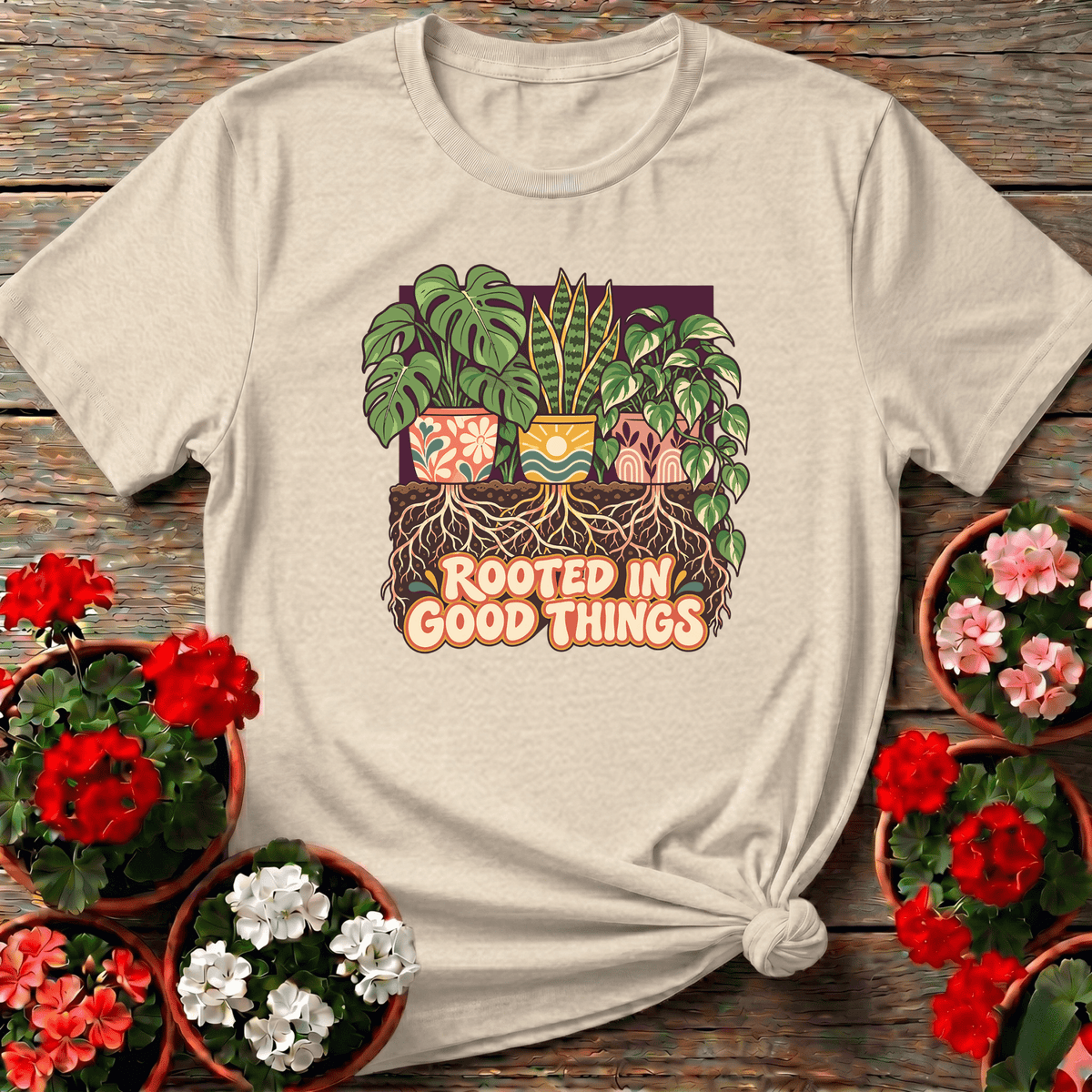 Natural vintage terracotta plant lover tee with "Rooted In Good Things" for cottagecore gardeners