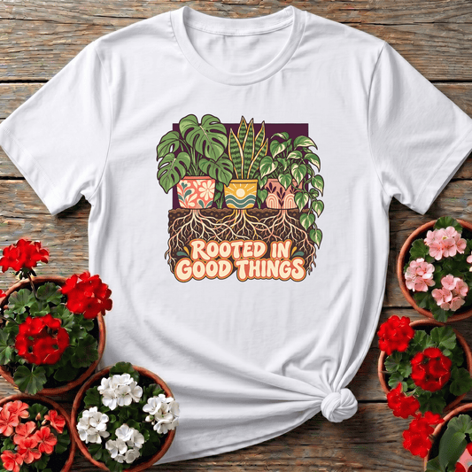 White folk art houseplant shirt with "Rooted In Good Things" for slow-living plant lovers