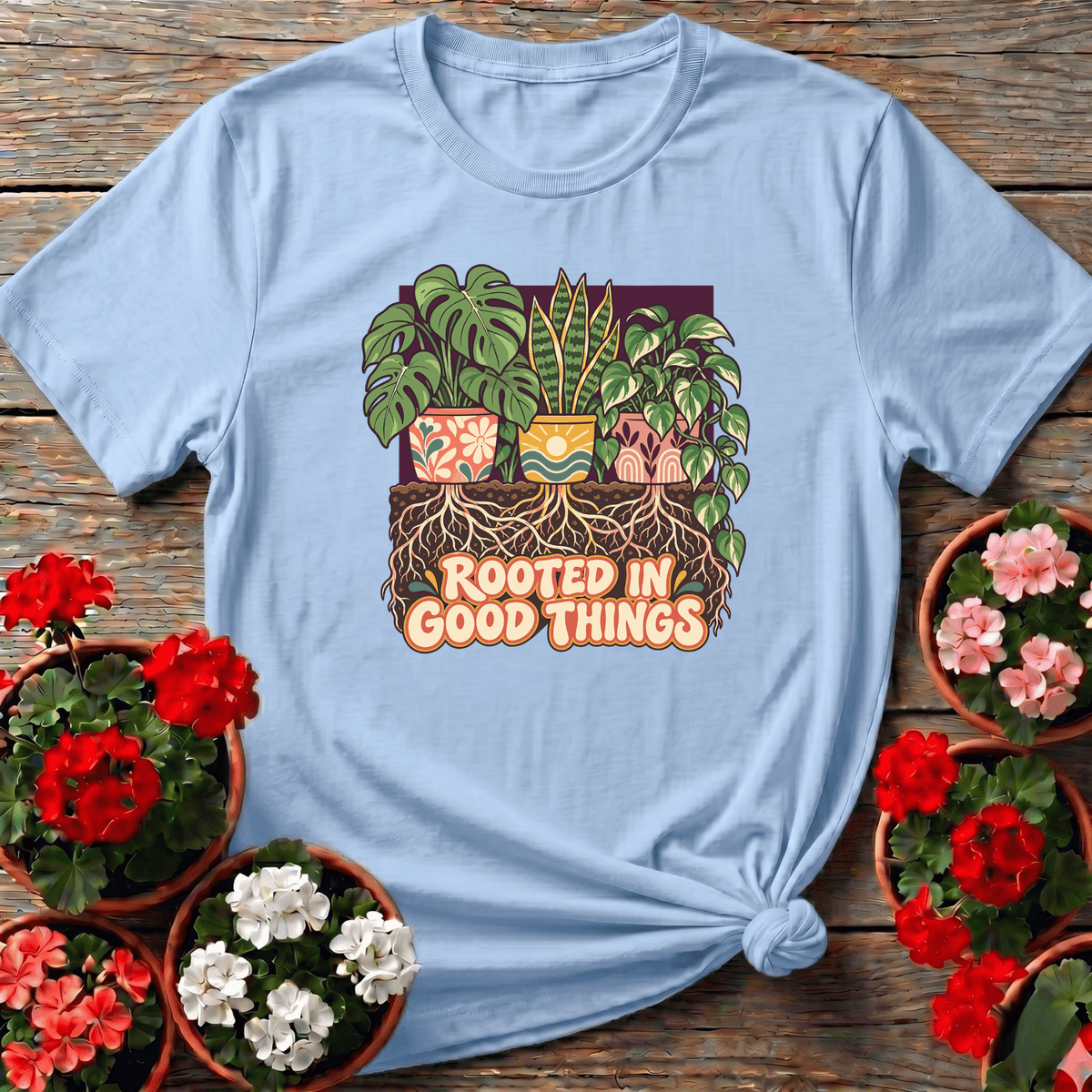 Light Blue earthy folk art plant top with "Rooted In Good Things" for slow living gardeners