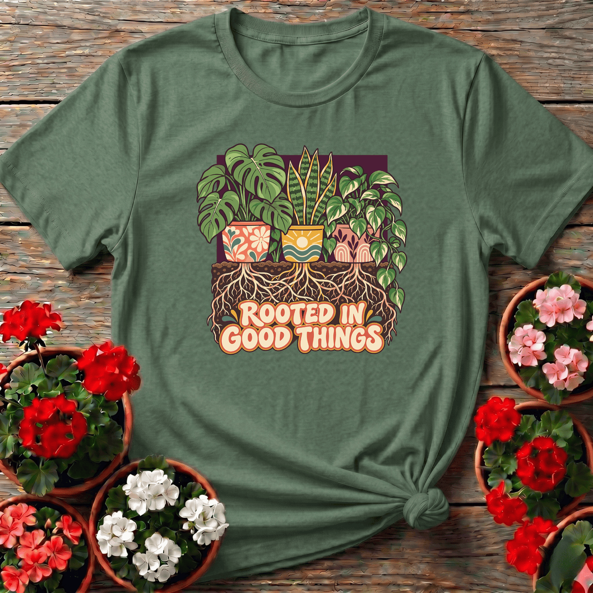 Military Green rooted botanical gardening shirt with "Rooted In Good Things" for houseplant enthusiasts