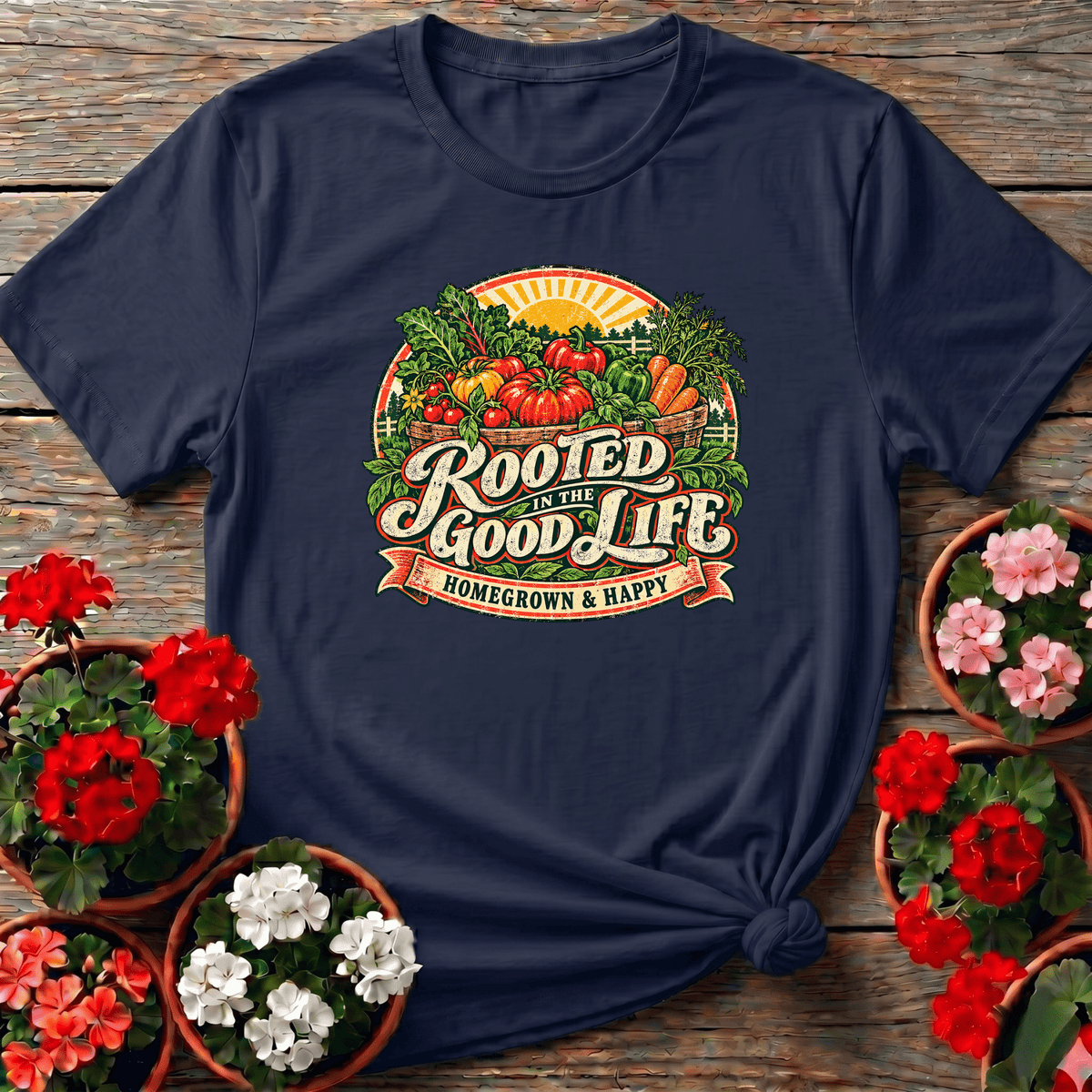 Navy bold retro seed-catalog style gardening shirt "Rooted in the Good Life Homegrown & Happy" for kitchen gardeners