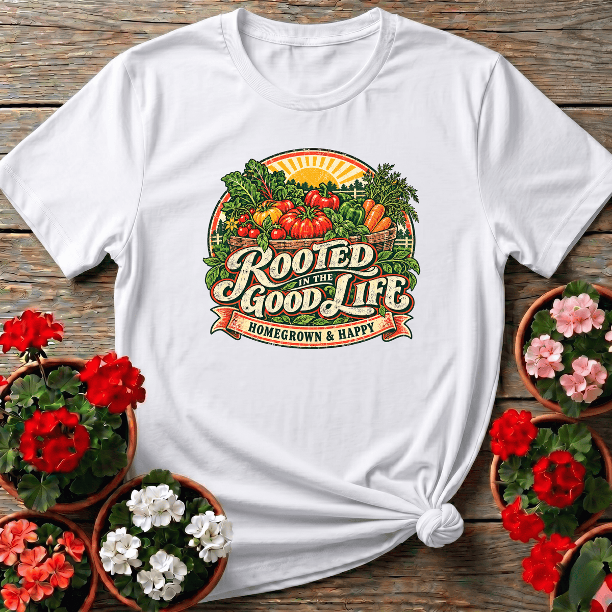 White retro cottagecore harvest basket t-shirt "Rooted in the Good Life Homegrown & Happy" for homegrown garden lovers