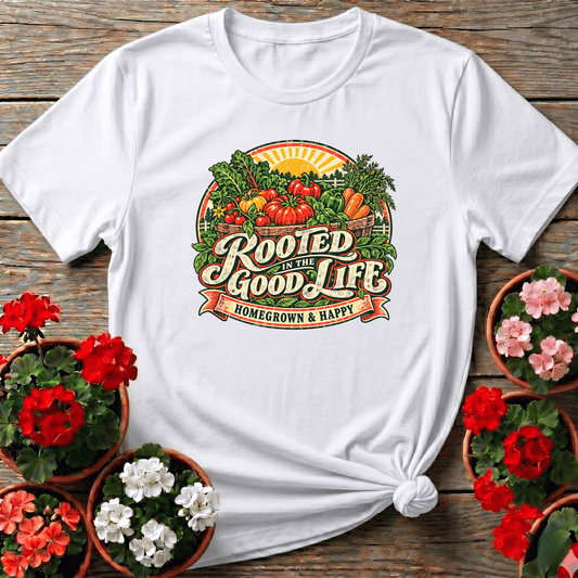 White retro cottagecore harvest basket t-shirt "Rooted in the Good Life Homegrown & Happy" for homegrown garden lovers