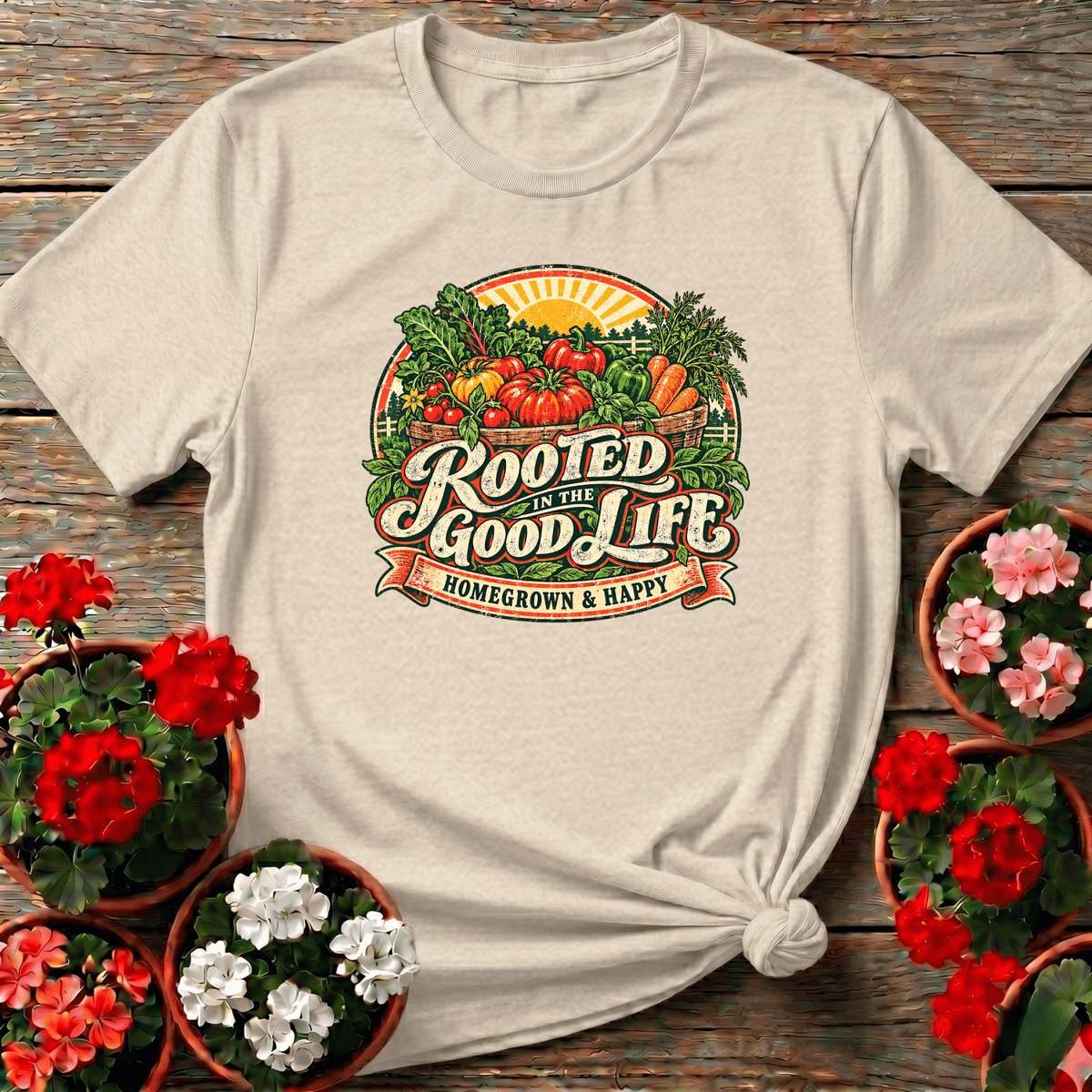 Natural warm vintage farmstead gardening shirt "Rooted in the Good Life Homegrown & Happy" for kitchen garden devotees