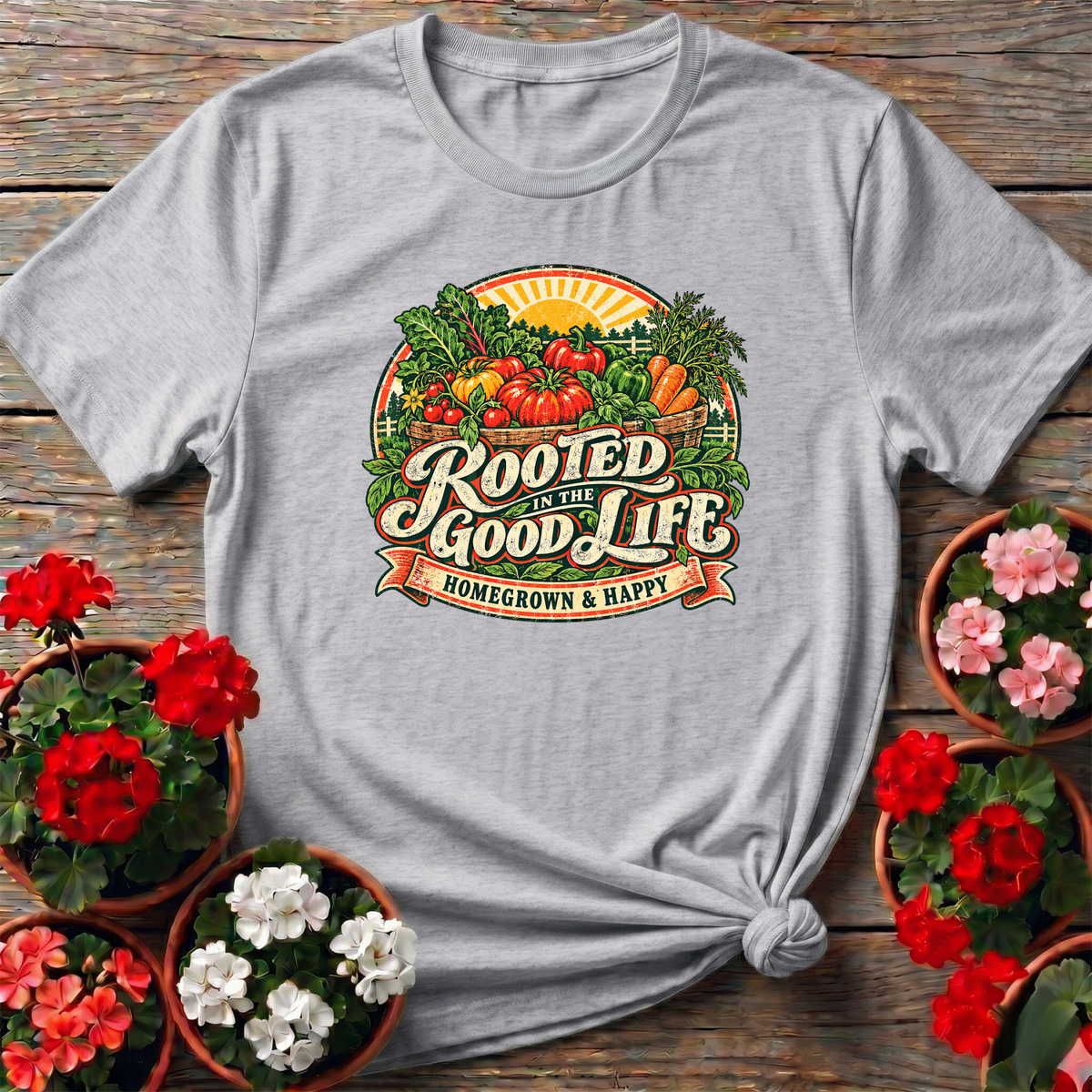 Rooted in the Good Life Homegrown & Happy Gardening Tee - GardeningTshirts