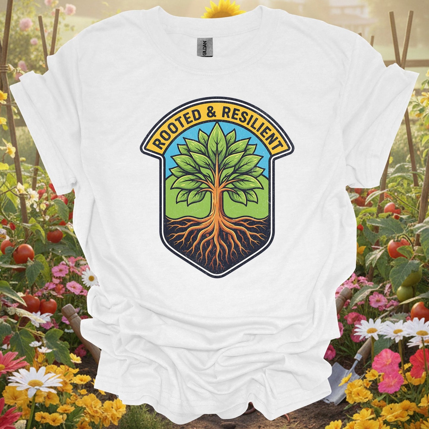 Rooted & Resilient" Strong Tree Badge T-Shirt - GardeningTshirts