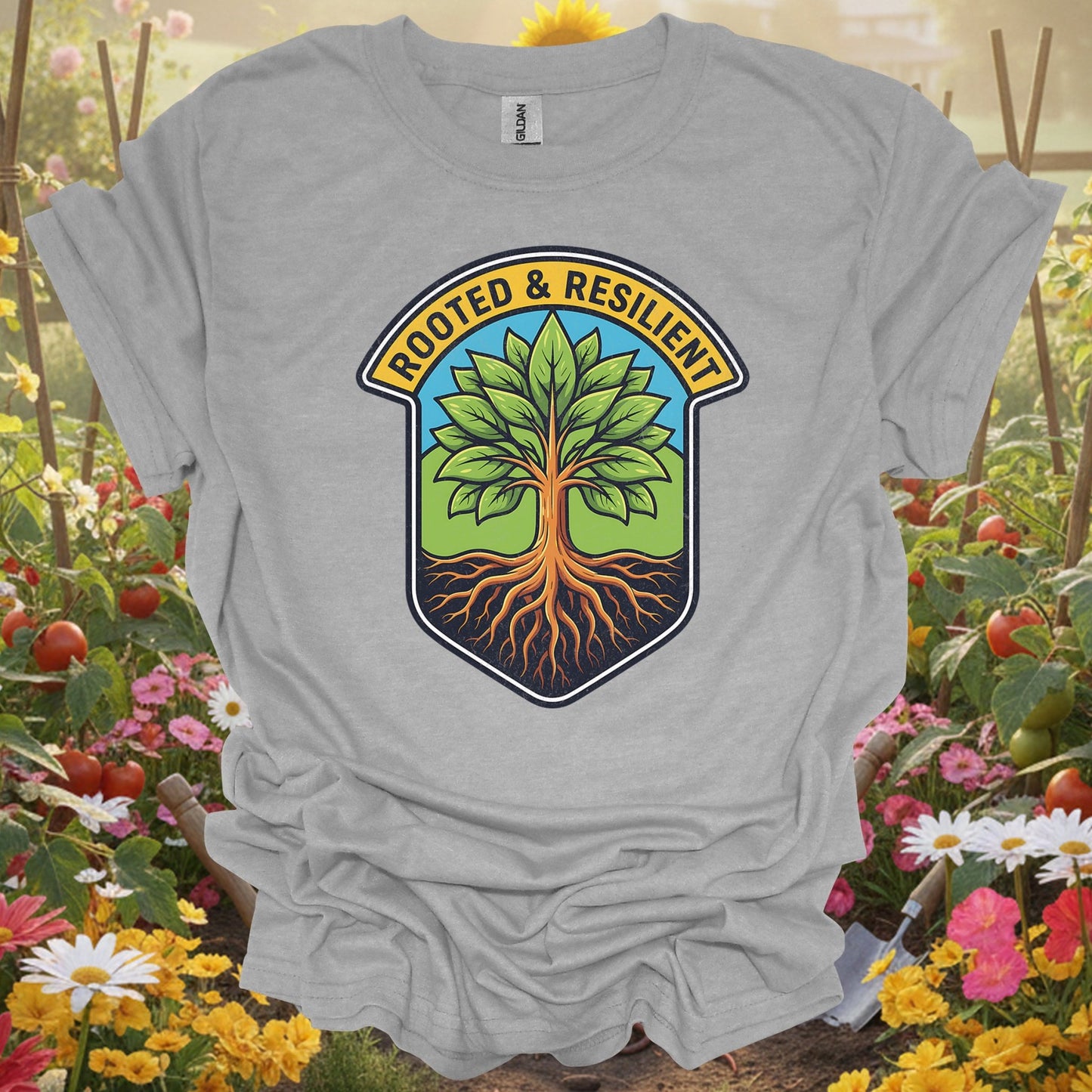 Rooted & Resilient" Strong Tree Badge T-Shirt - GardeningTshirts