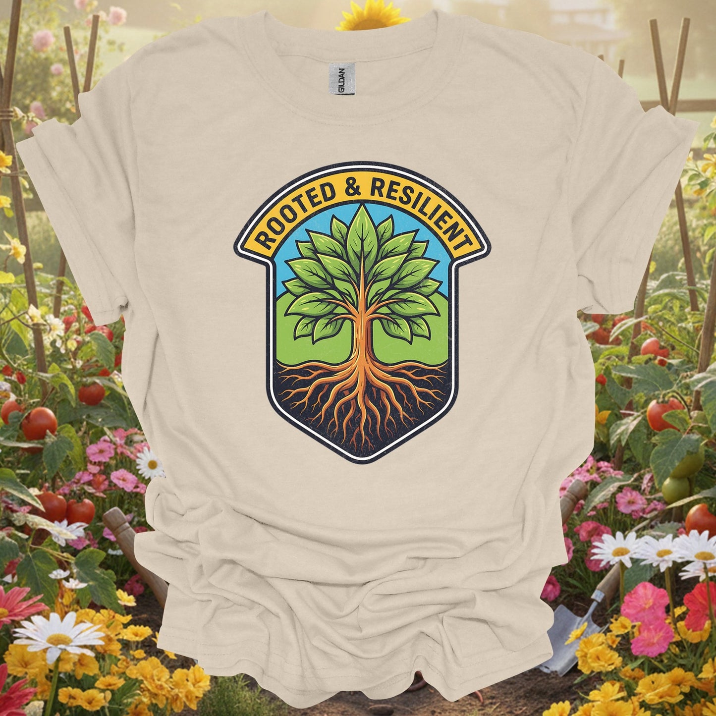 Rooted & Resilient" Strong Tree Badge T-Shirt - GardeningTshirts