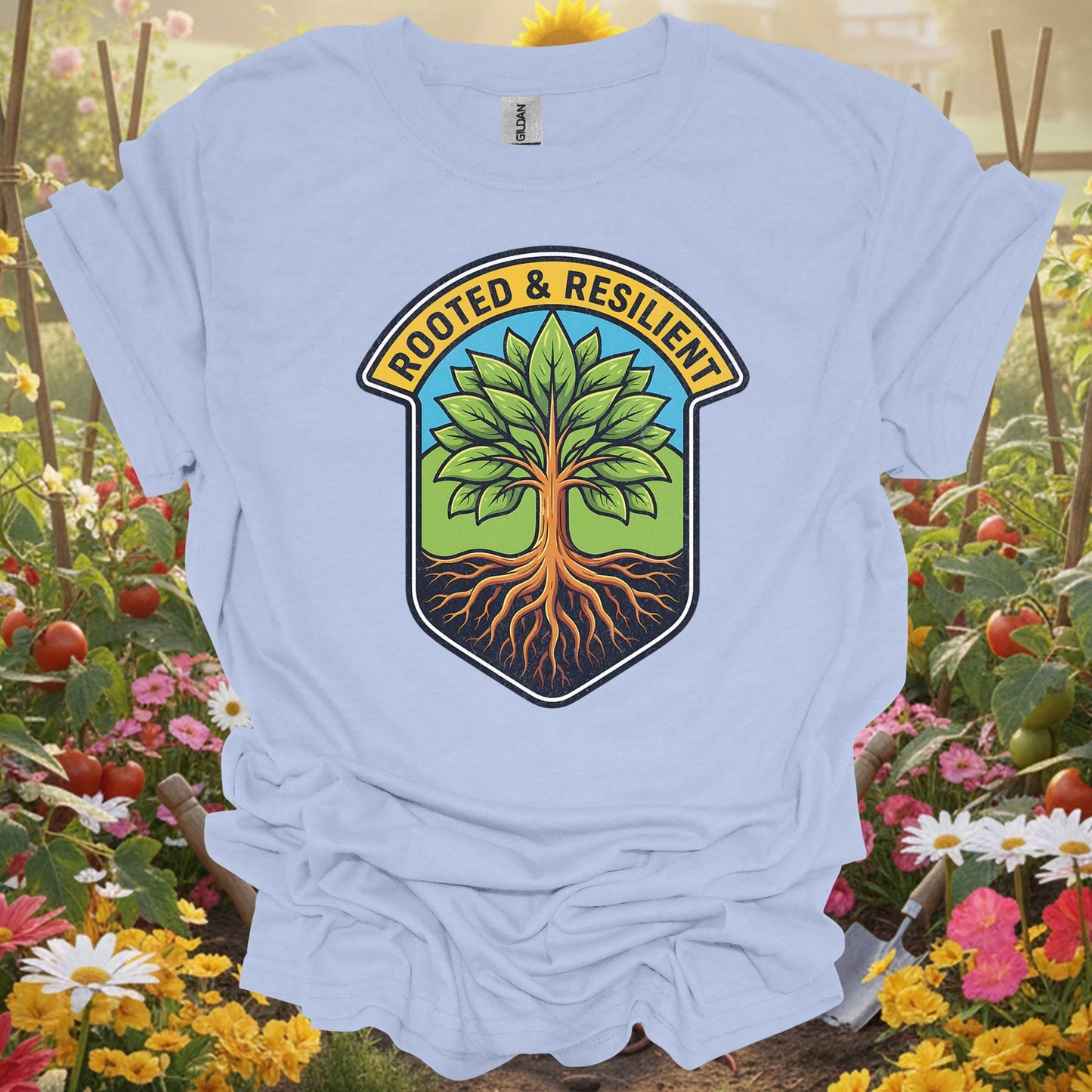 Rooted & Resilient" Strong Tree Badge T-Shirt - GardeningTshirts