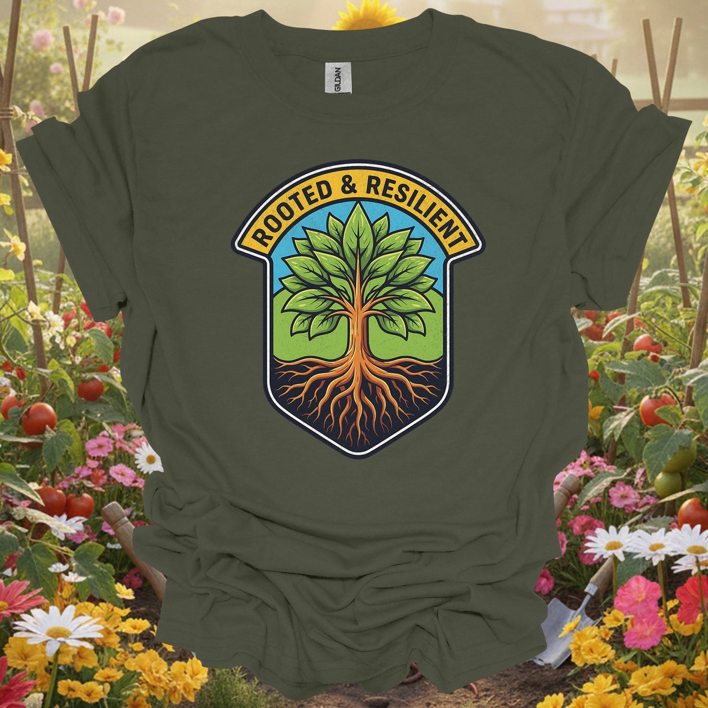 Rooted & Resilient" Strong Tree Badge T-Shirt - GardeningTshirts