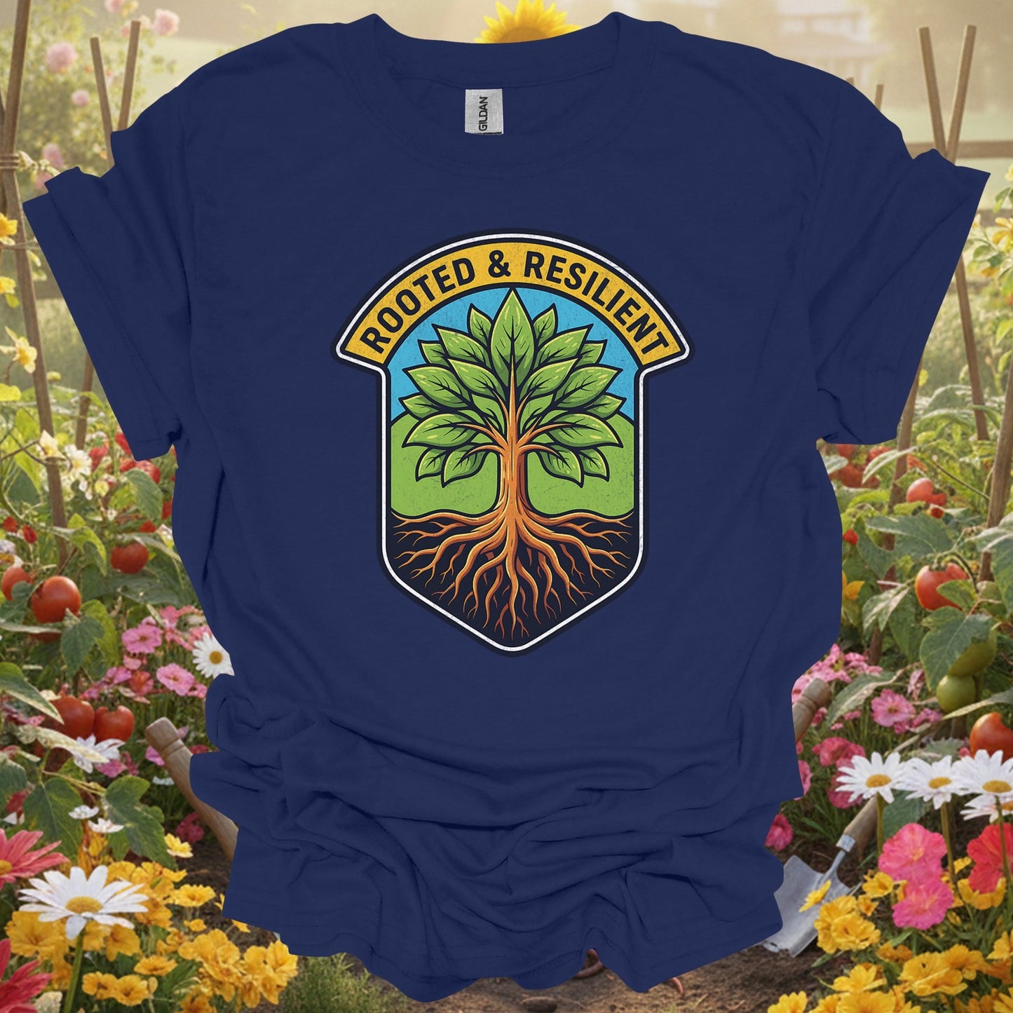 Rooted & Resilient" Strong Tree Badge T-Shirt - GardeningTshirts