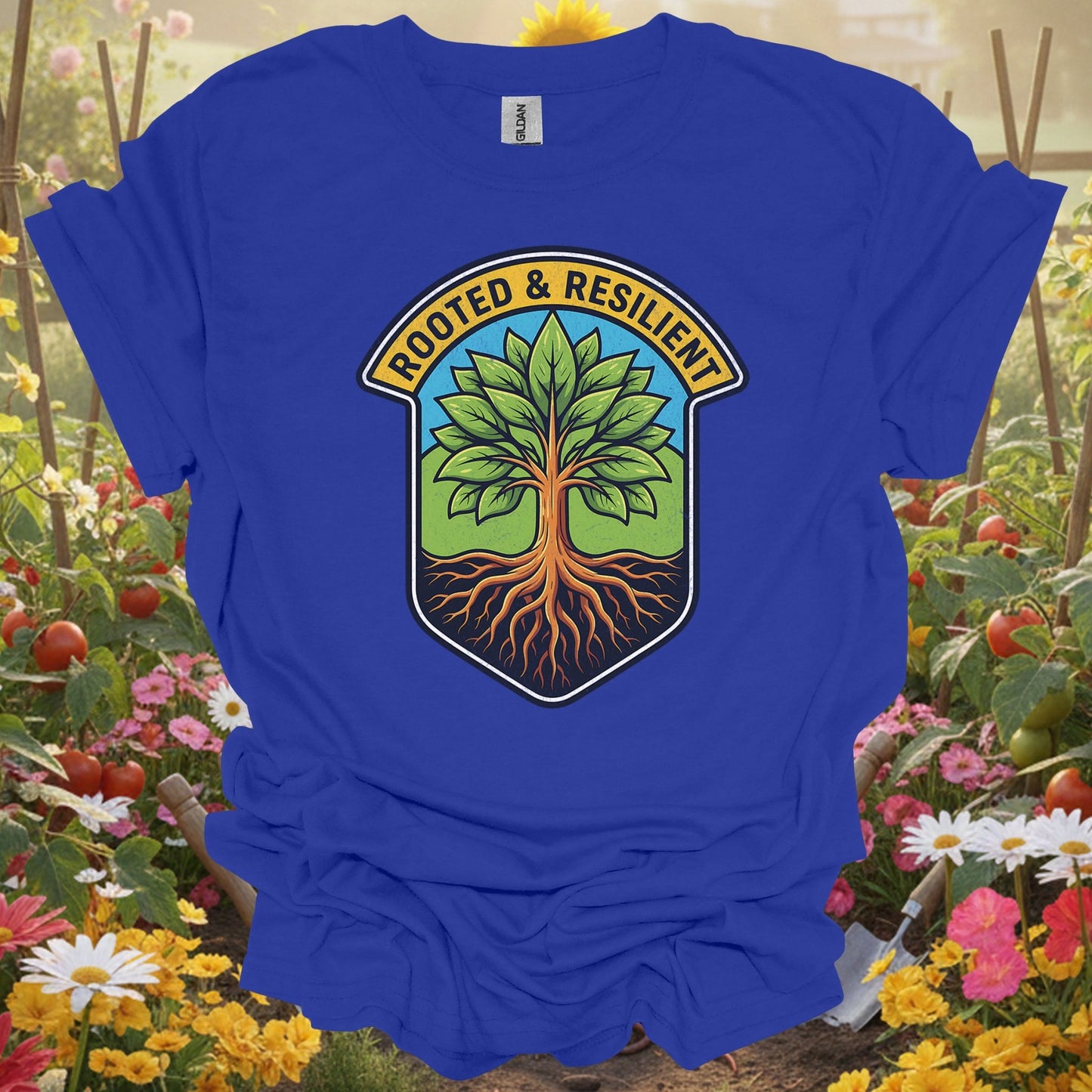Rooted & Resilient" Strong Tree Badge T-Shirt - GardeningTshirts