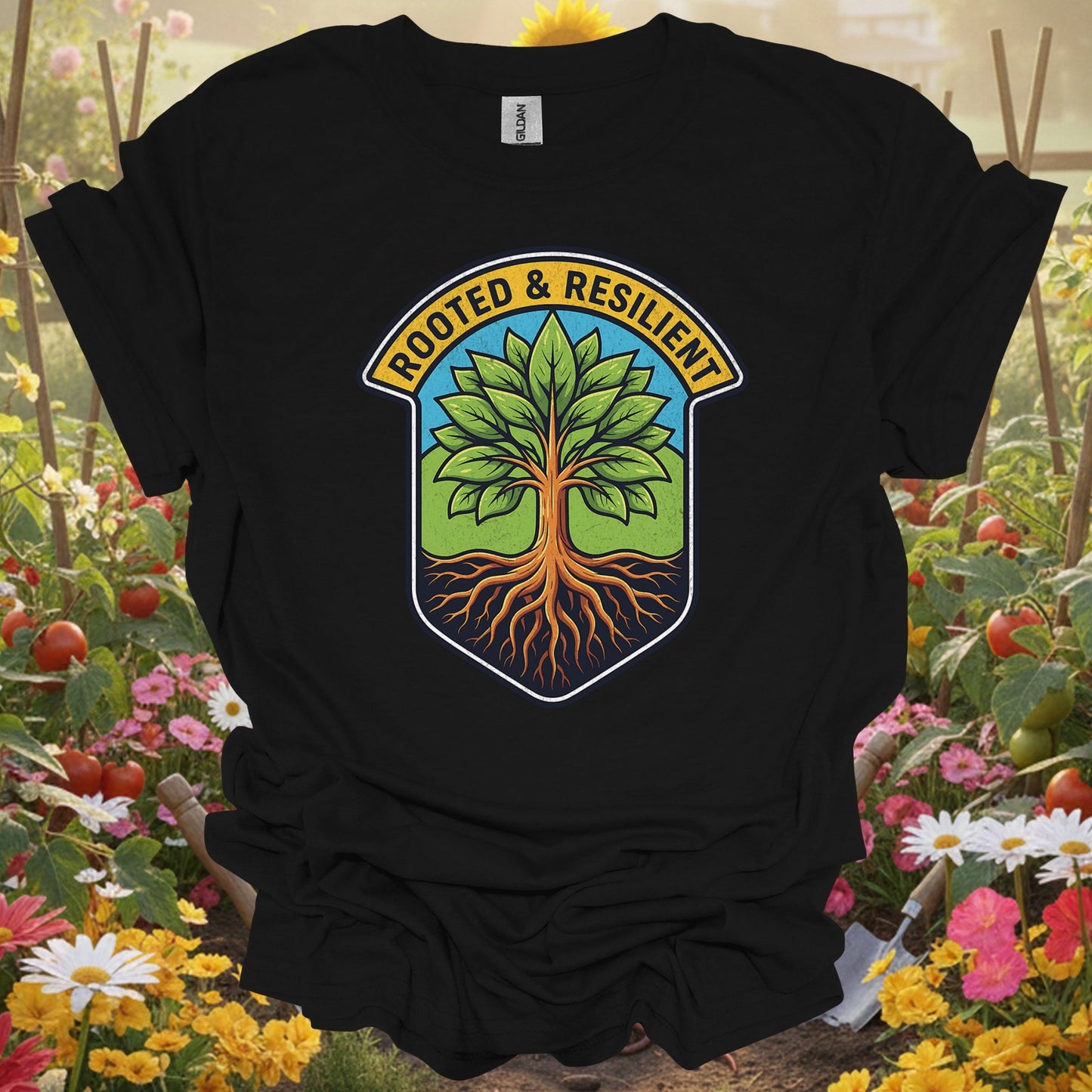 Rooted & Resilient" Strong Tree Badge T-Shirt - GardeningTshirts