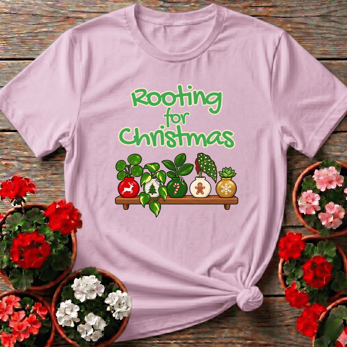 Light Pink kawaii cozy Christmas plant vase tee with "Rooting for Christmas" for festive plant lovers