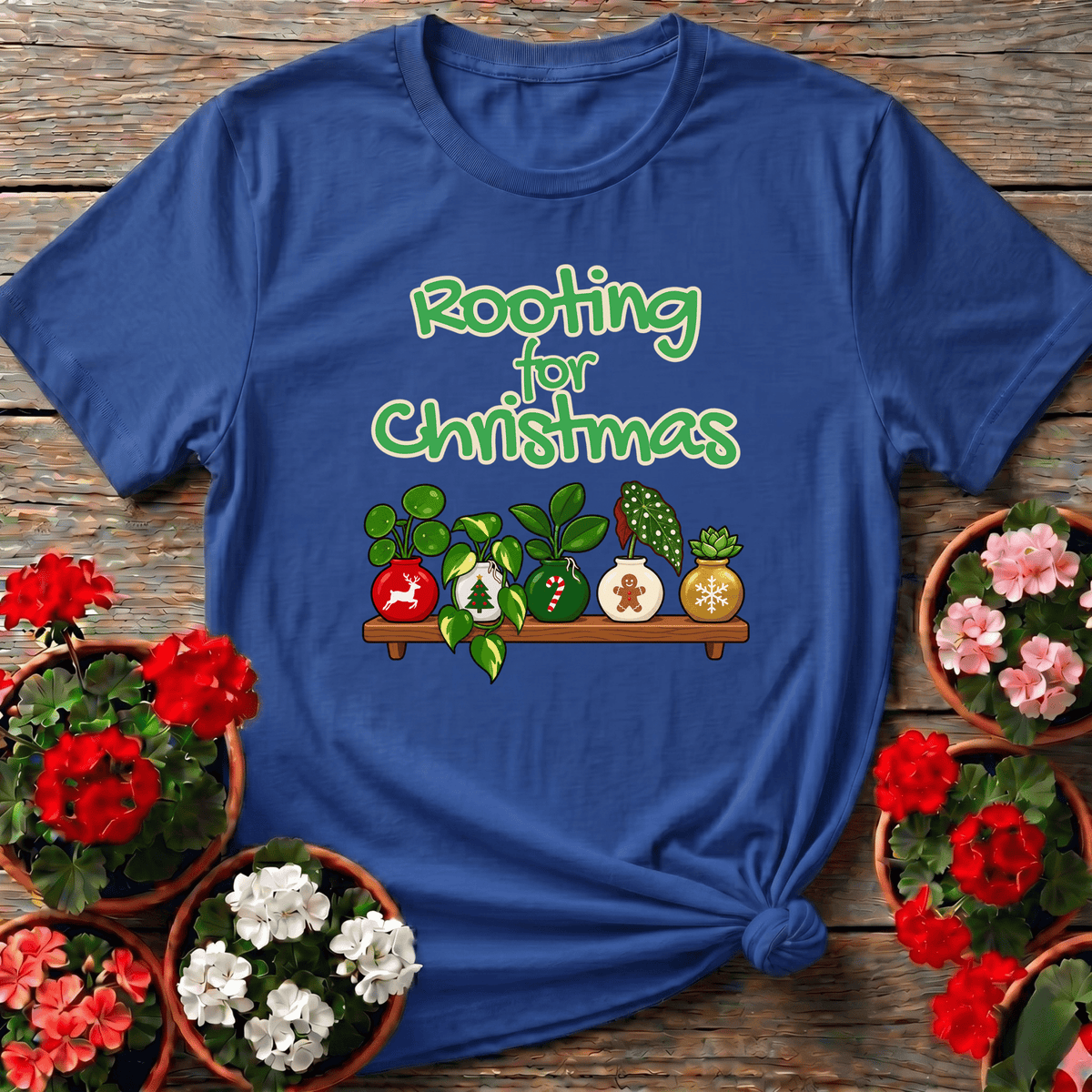 Royal playful festive plant shelf top with "Rooting for Christmas" for indoor gardeners