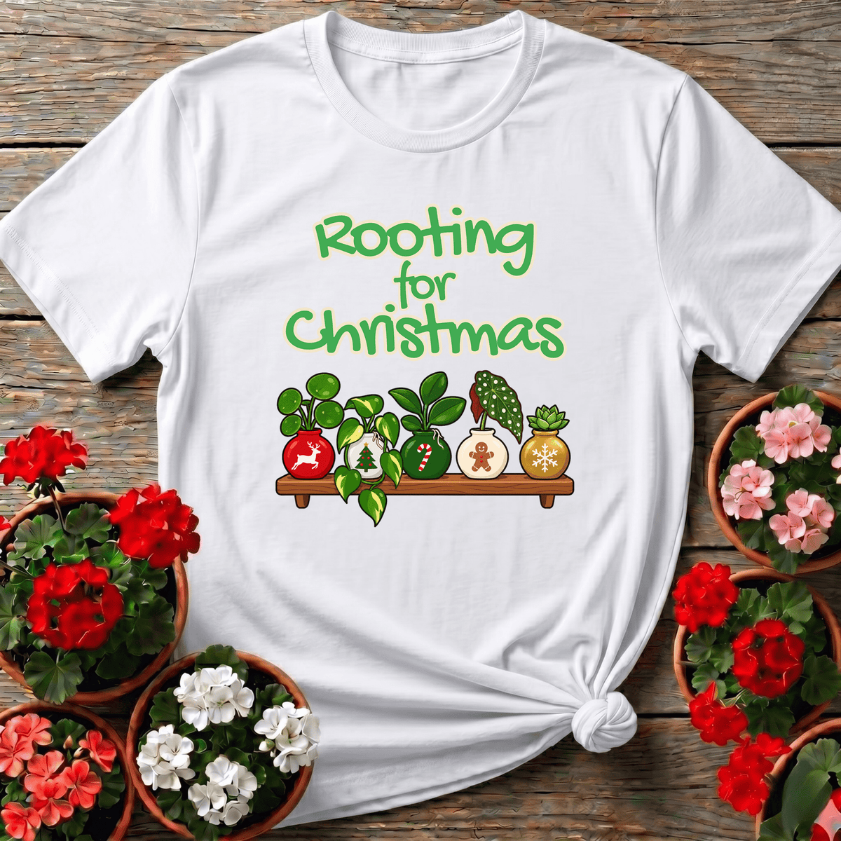 White kawaii festive houseplant shelf gardening shirt with "Rooting for Christmas" for plant lovers