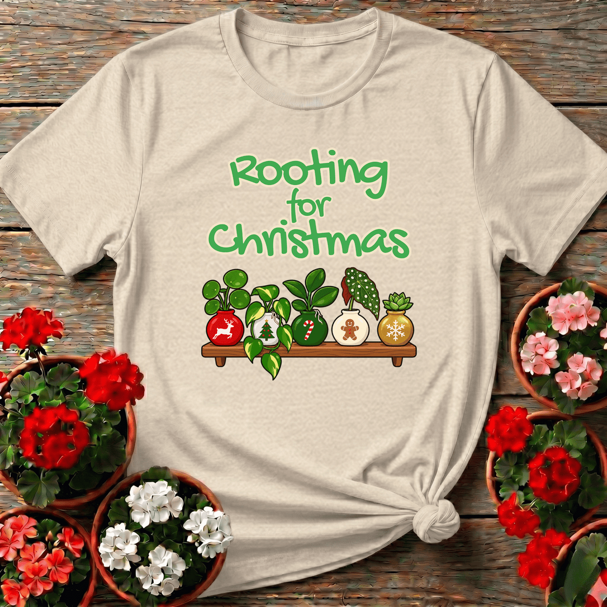 Natural vintage-style holiday plant shelf gardening shirt with "Rooting for Christmas" for plant moms