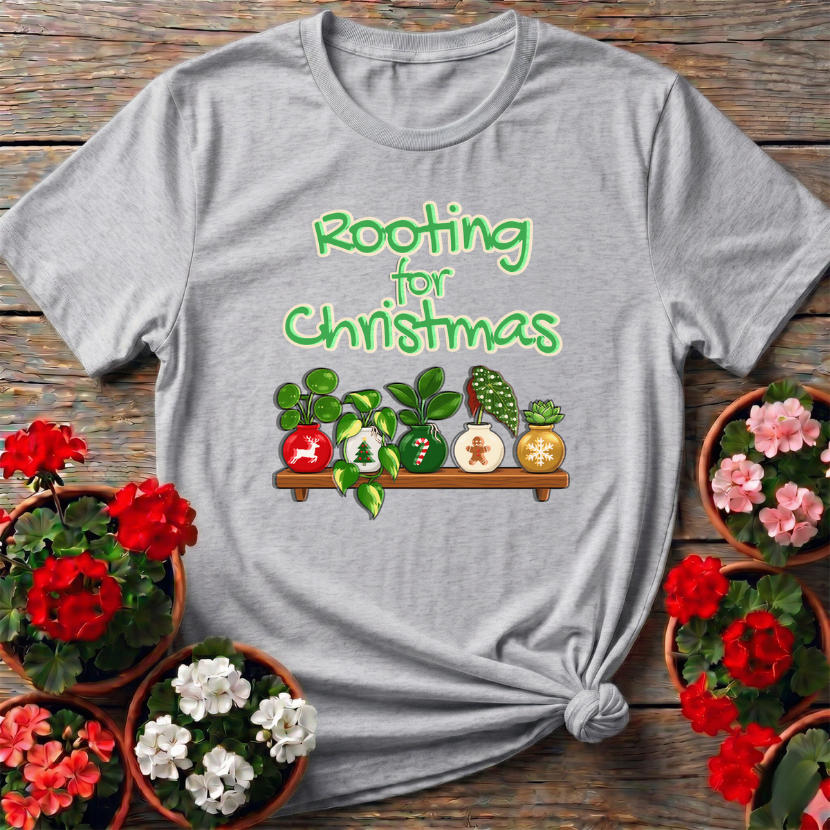 Rooting for Christmas Holiday Plant Shelf Kawaii Tee - GardeningTshirts