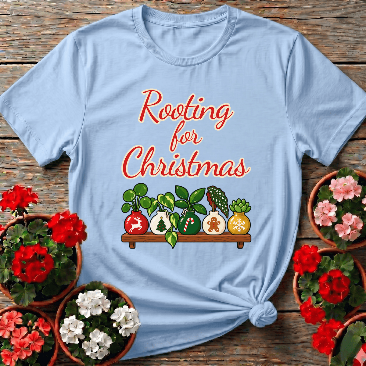 Light Blue cottagecore Christmas gardening top "Rooting for Christmas" with reindeer candy cane and Christmas tree ornament pots