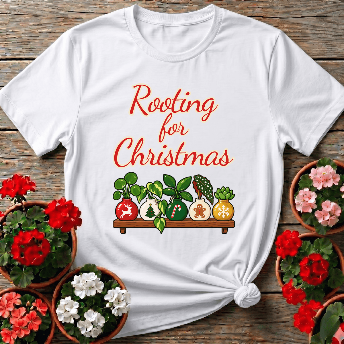 White cottagecore Christmas plant shelf shirt "Rooting for Christmas" with ornament pots and houseplants for indoor gardeners