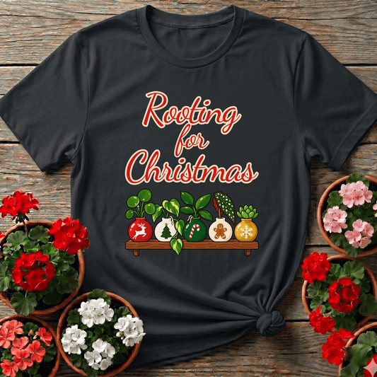 Black retro holiday script gardening tee "Rooting for Christmas" with festive plant shelf illustration for plant lovers