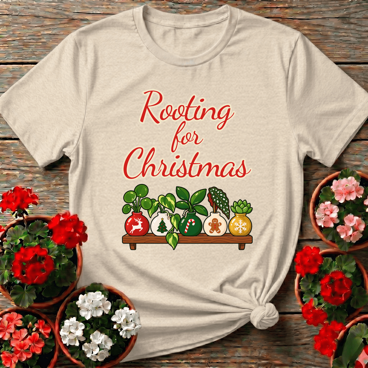 Natural vintage holiday gardening tee "Rooting for Christmas" featuring cozy ornament pot plant shelf for indoor plant collectors