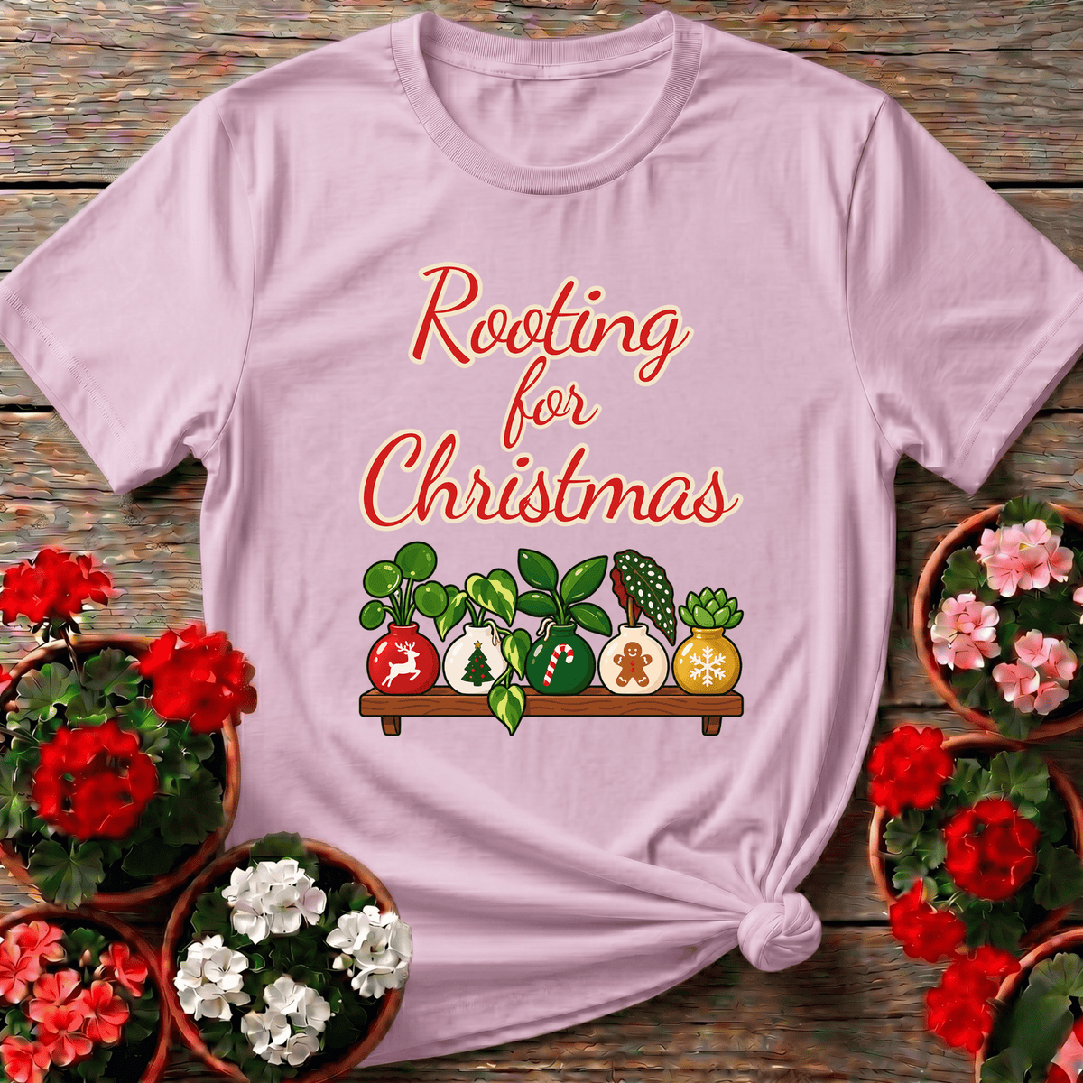 Light Pink retro Christmas plant shirt "Rooting for Christmas" with cheerful festive houseplant shelf for plant enthusiasts