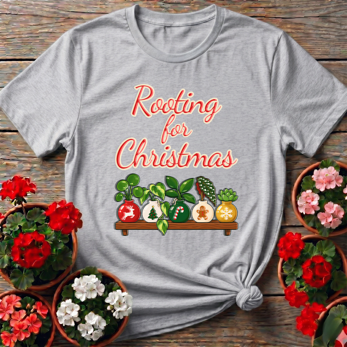 Rooting for Christmas Ornament Pot Plant Shelf Holiday Tee - GardeningTshirts
