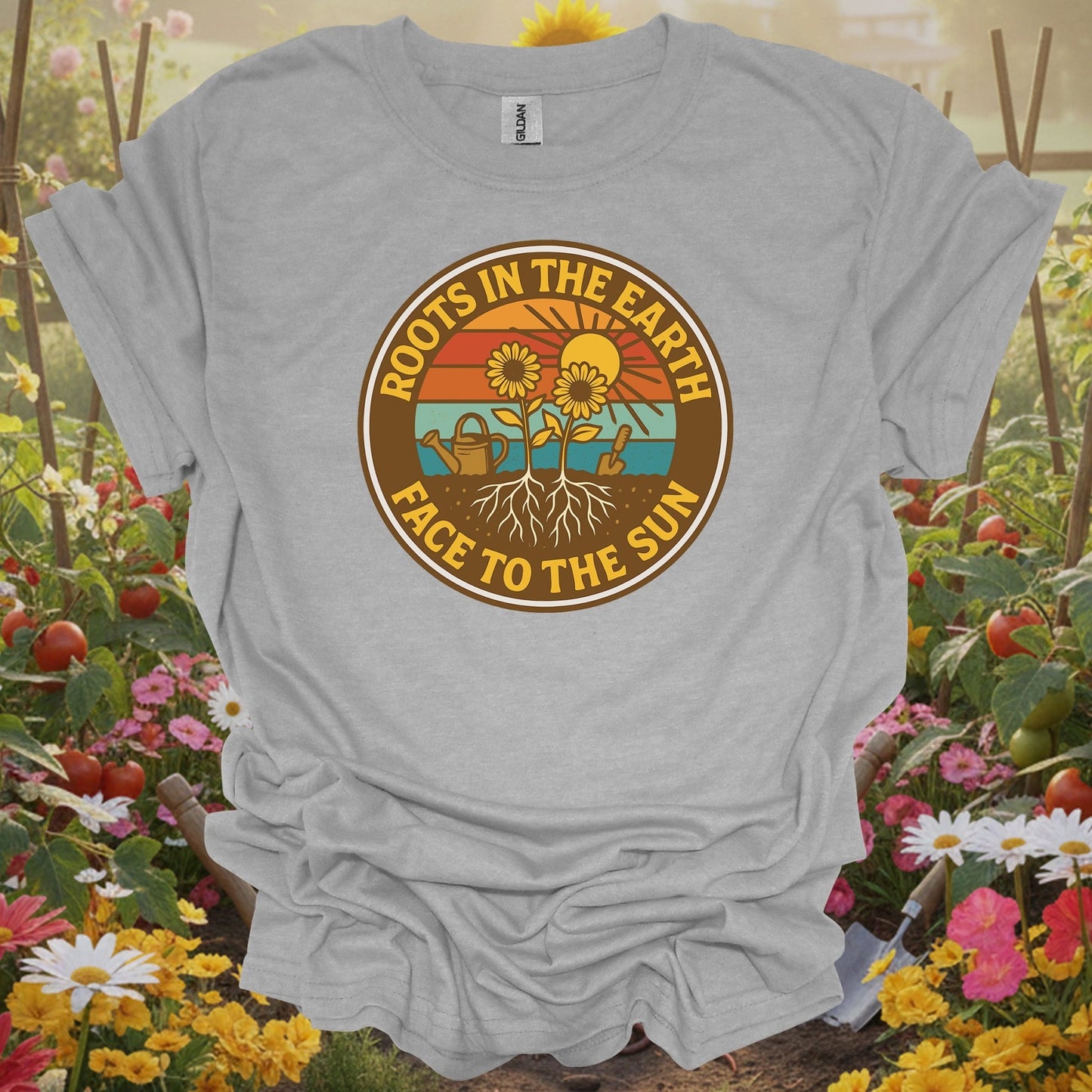 Sport Grey tshirt showing roots in the earth face to the sun retro for gardening enthusiasts
