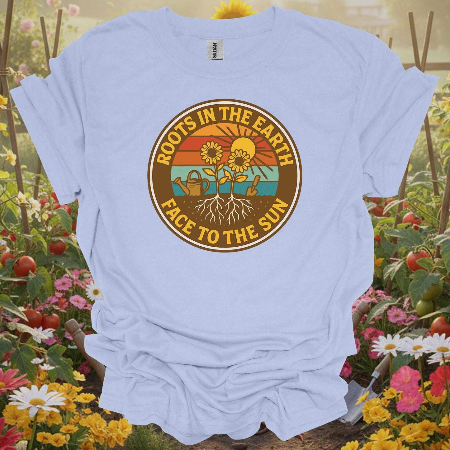 Light Blue shirt showing roots in the earth face to the sun retro for home gardeners