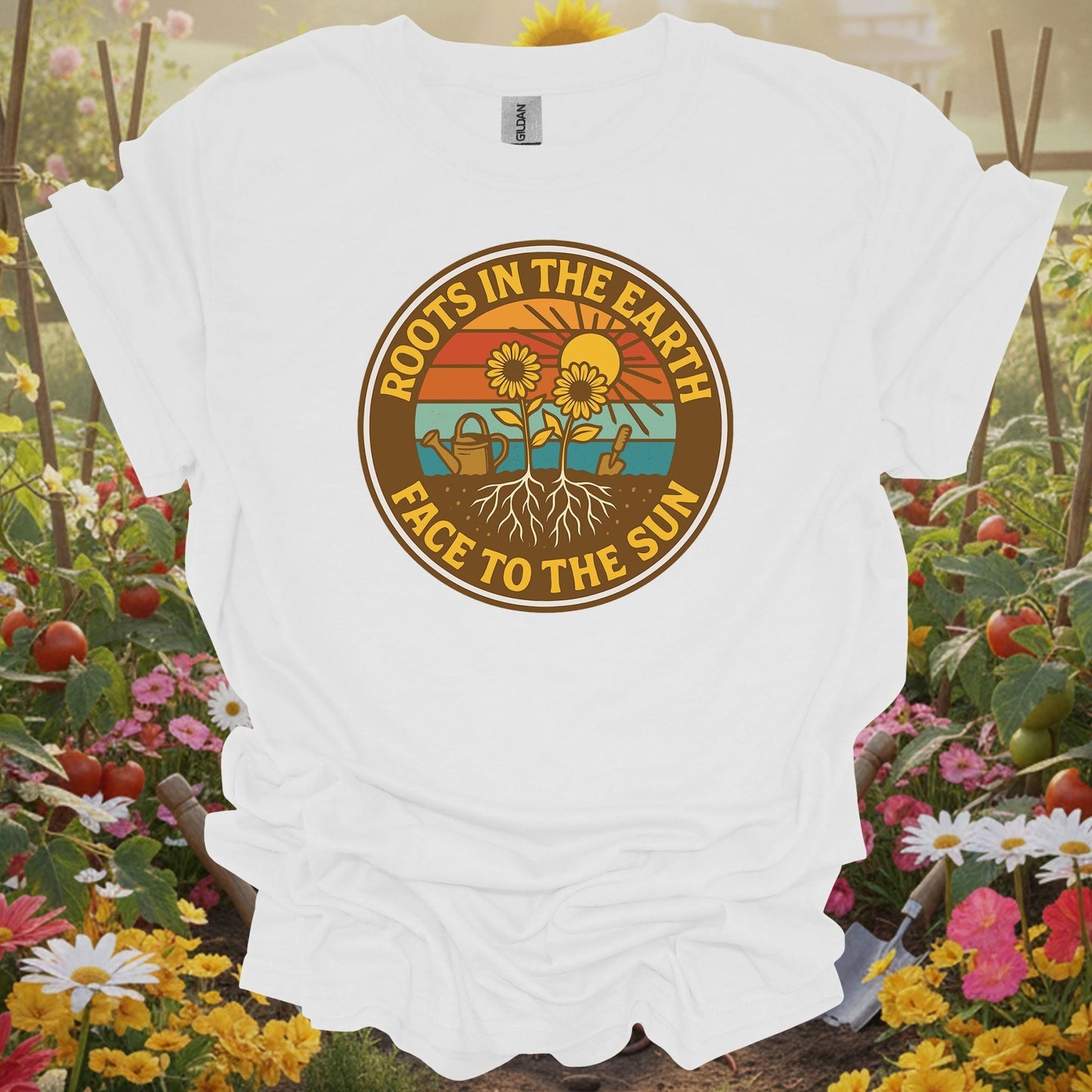 White tee showing roots in the earth face to the sun retro for garden hobbyists