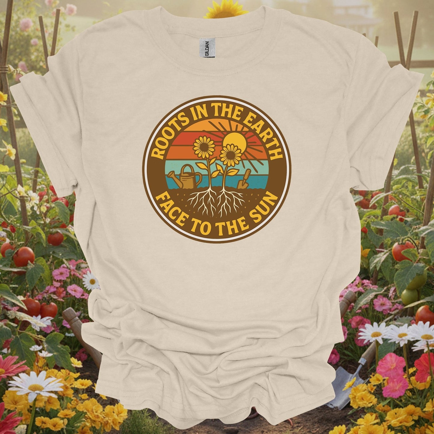 Natural tshirt showing roots in the earth face to the sun retro for people who love plants