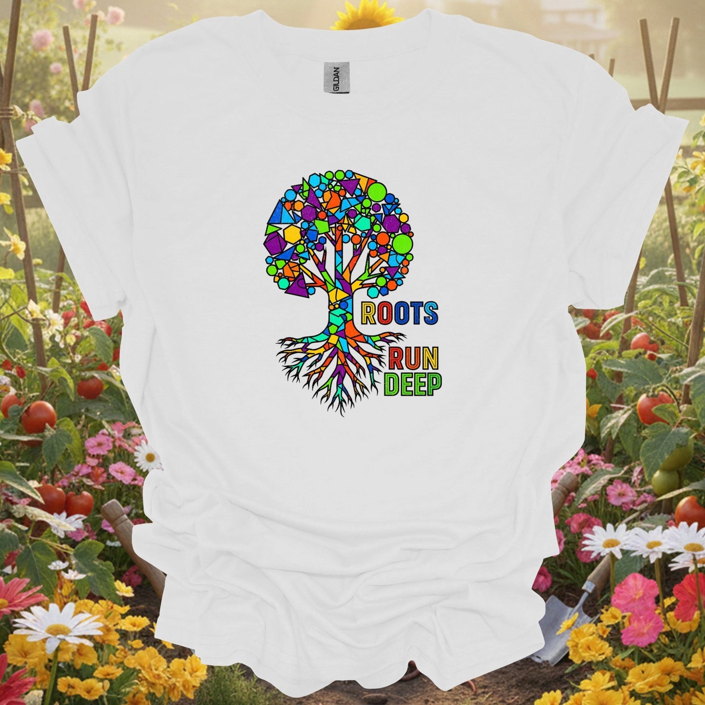 "Roots Run Deep" Abstract Geometric Family Heritage Tree T-Shirt - GardeningTshirts