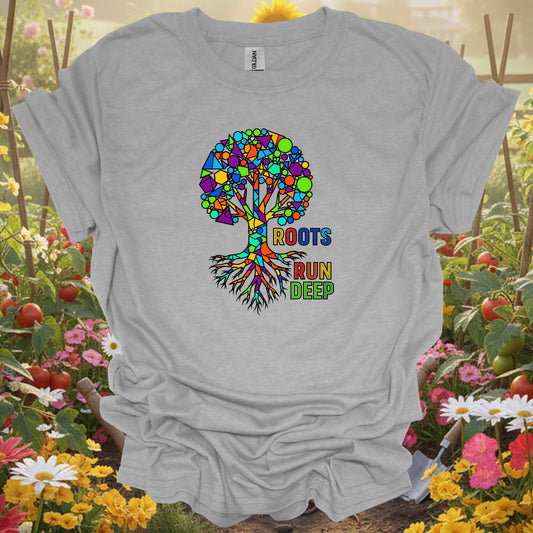 "Roots Run Deep" Abstract Geometric Family Heritage Tree T-Shirt - GardeningTshirts