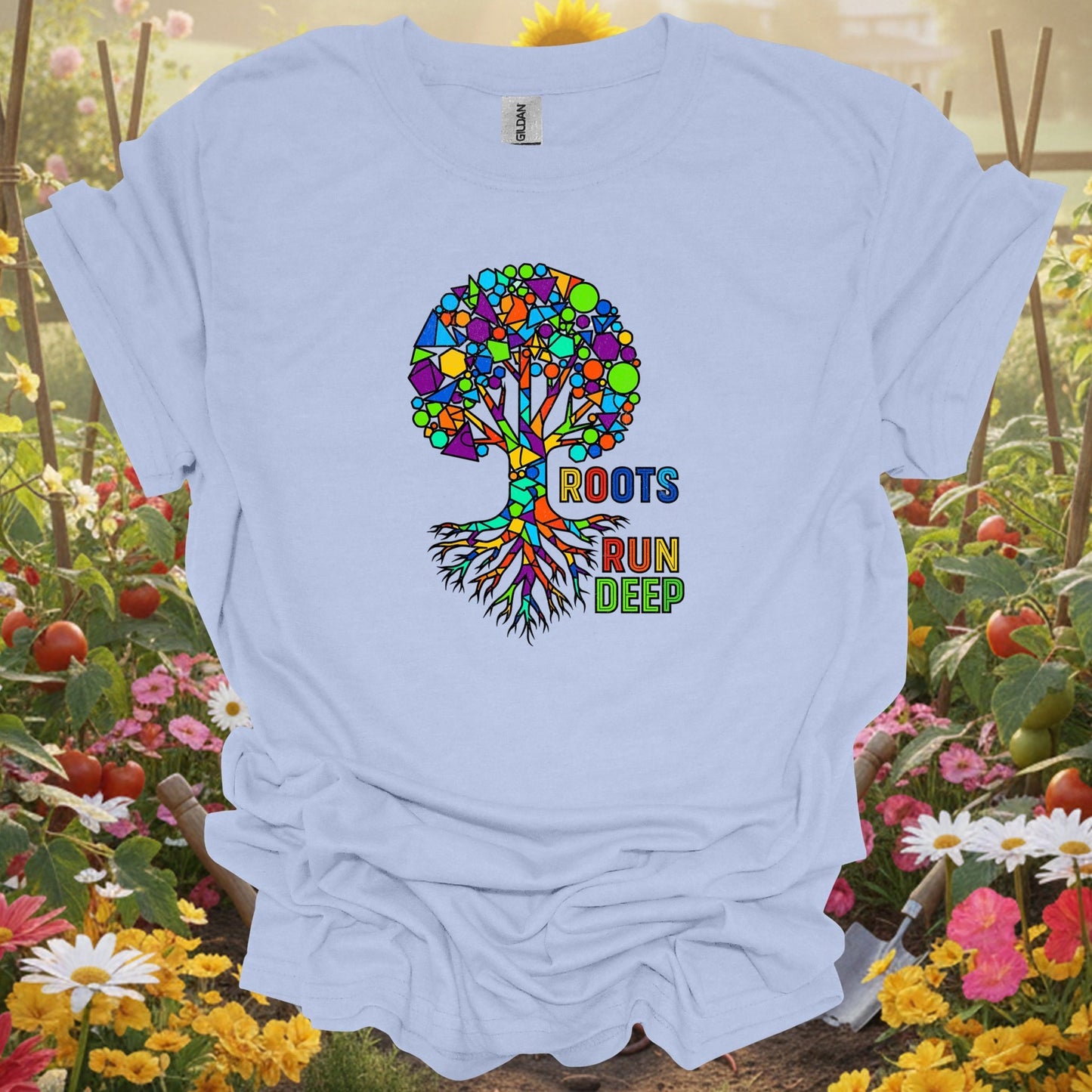 "Roots Run Deep" Abstract Geometric Family Heritage Tree T-Shirt - GardeningTshirts
