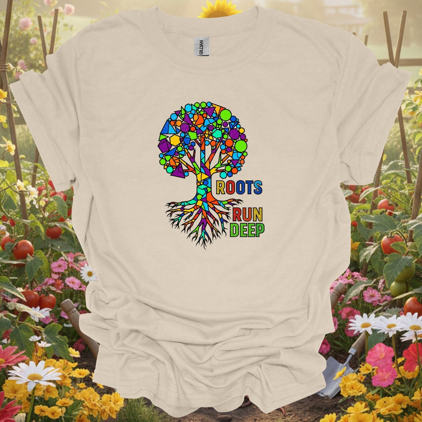 "Roots Run Deep" Abstract Geometric Family Heritage Tree T-Shirt - GardeningTshirts