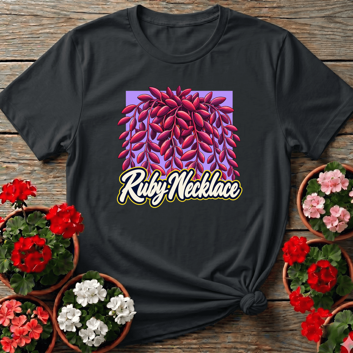 Black retro botanical Ruby Necklace succulent gardening tee for trailing plant lovers