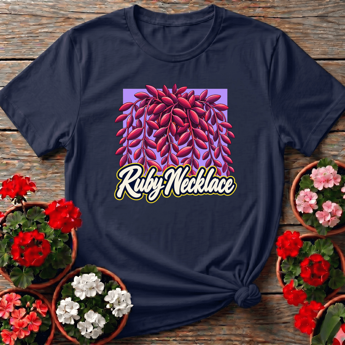 Navy retro cursive Ruby Necklace trailing succulent shirt for plant parents