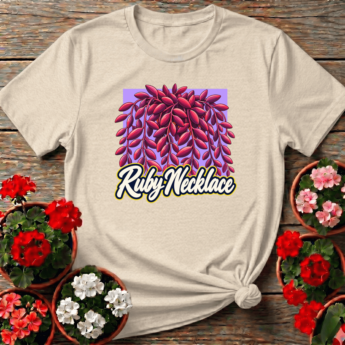 Natural lavender-accent Ruby Necklace succulent gardening tee for trailing plant lovers