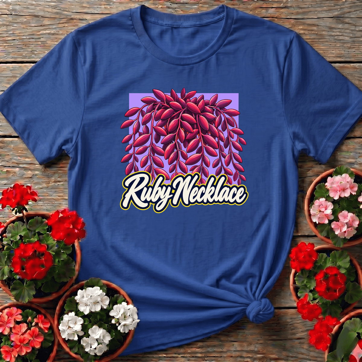 Royal bold illustrated Ruby Necklace succulent gardening tee for jewel-tone plant lovers